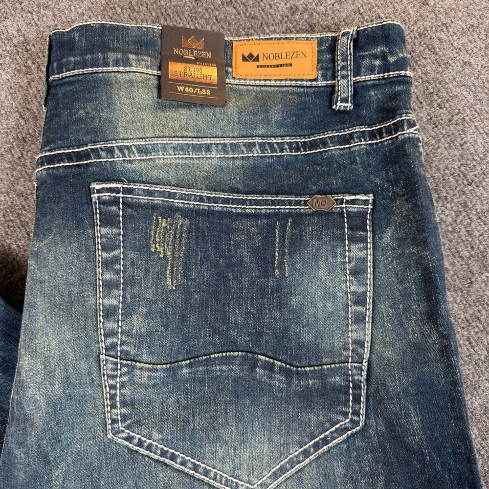 Noblezen Collection Mens Slim Straight Jeans Blue Distressed‎ W40 L32 NEW